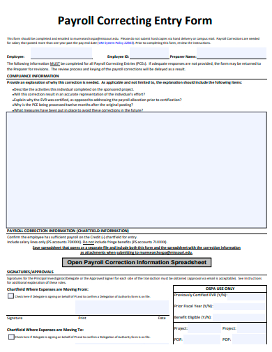 payroll correcting entry form template