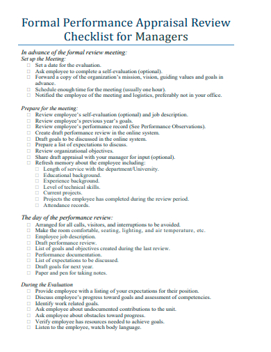 performance appraisal review checklist for managers template