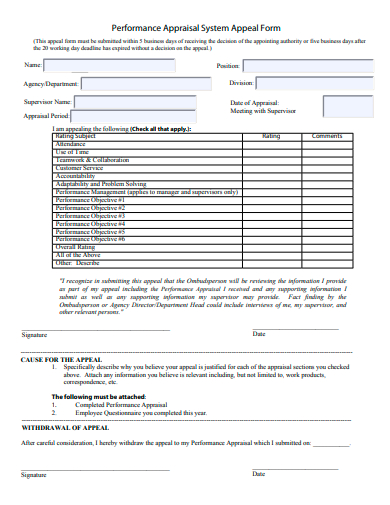 performance appraisal system appeal form template