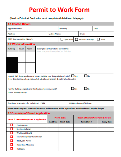 permit to work form template