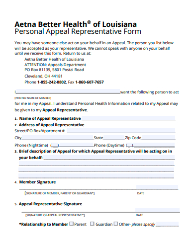 personal appeal representative form template