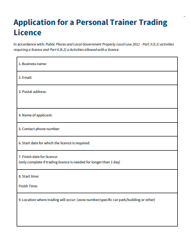 personal trainer trading licence application template