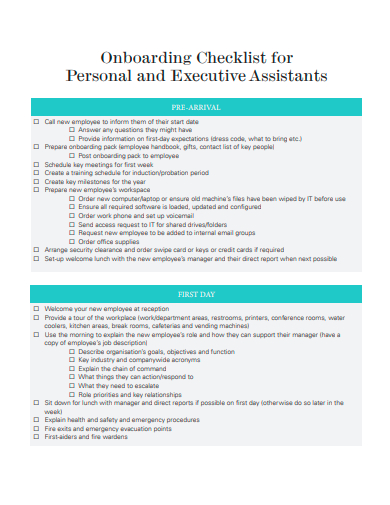 personal and executive assistant onboarding checklist template