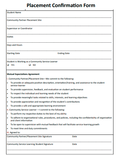 placement confirmation form template