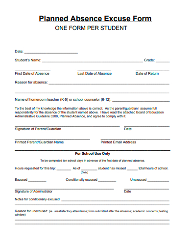 planned absence excuse form template