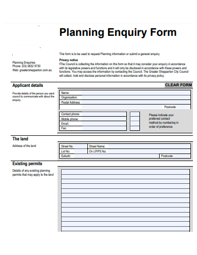 planning enquiry form template