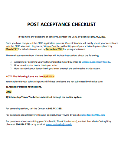 post acceptance checklist template
