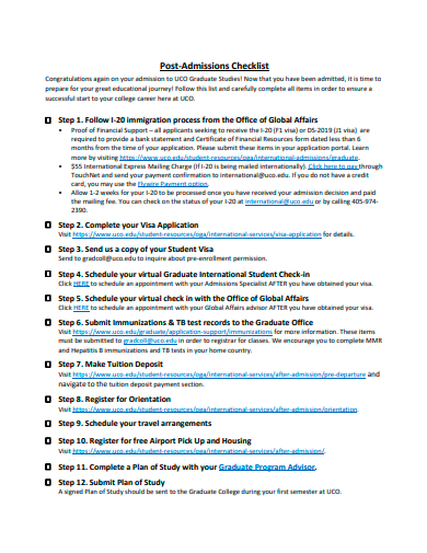 post admissions checklist template