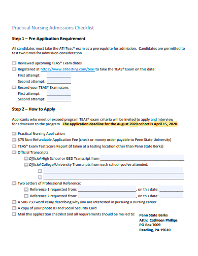 practical nursing admissions checklist template