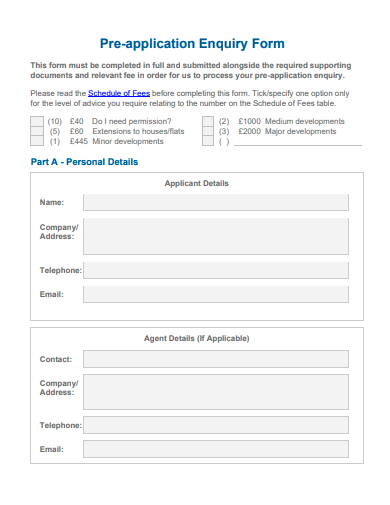 pre application enquiry form template