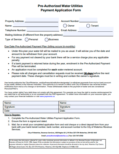 pre authorized water utilities payment application form template
