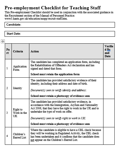 pre employment checklist for teaching staff template