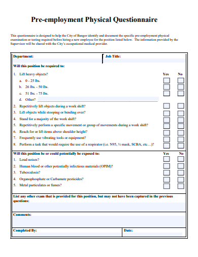 pre employment physical questionnaire template