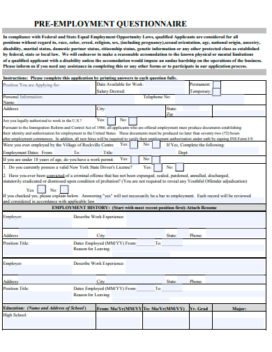 pre employment questionnaire template