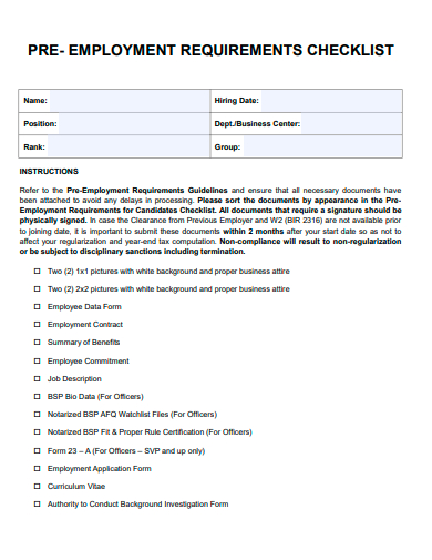 pre employment requirements checklist template