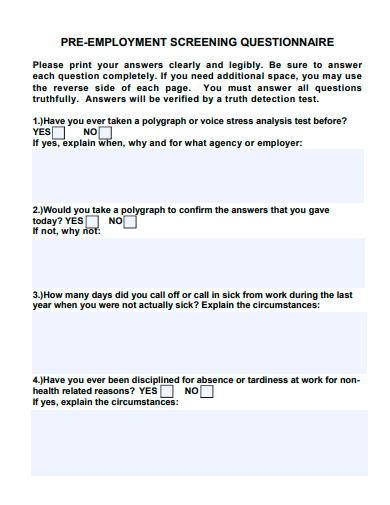 pre employment screening questionnaire template
