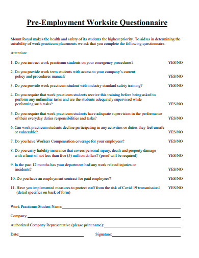 pre employment worksite questionnaire template
