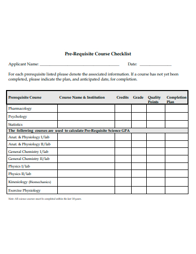 pre requisite course checklist template