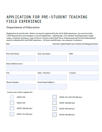 pre student teaching field experience application template
