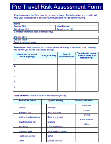 pre travel risk assessment form template