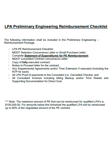 preliminary engineering reimbursement checklist template