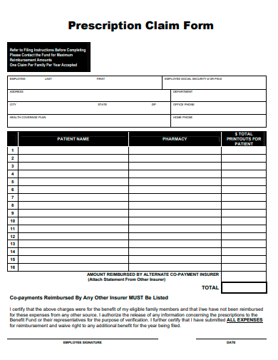 prescription claim form template