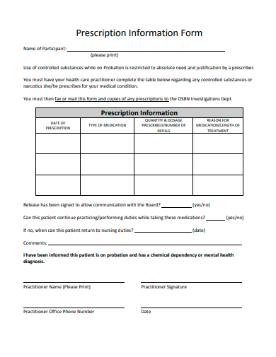 prescription information form template