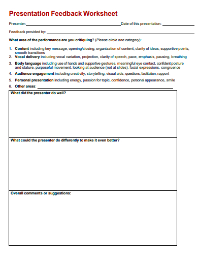 presentation feedback worksheet template
