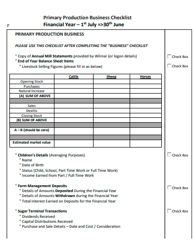 primary production business checklist template