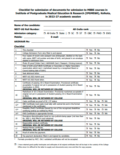printable admission checklist template