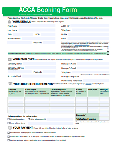 printable booking form template