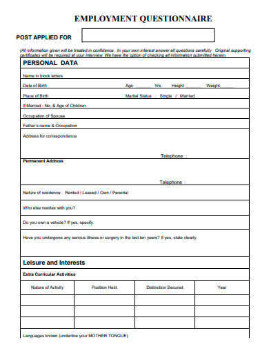 printable employment questionnaire template