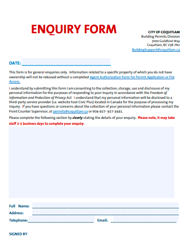 printable enquiry form template