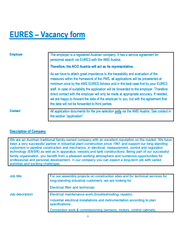 printable vacancy form template