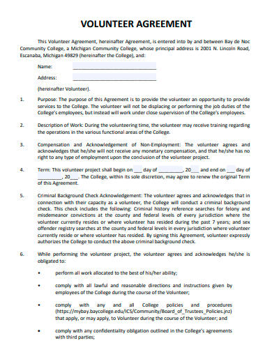 printable volunteer agreement template