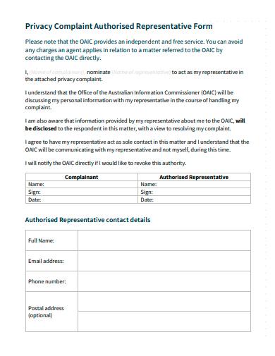 privacy complaint authorised representative form template