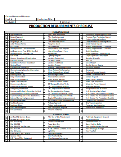 production requirements checklist template