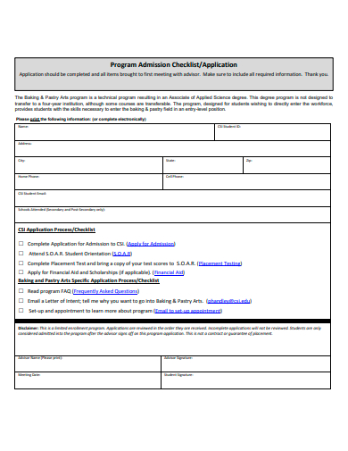program admission checklist template