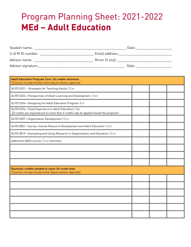 program planning sheet template