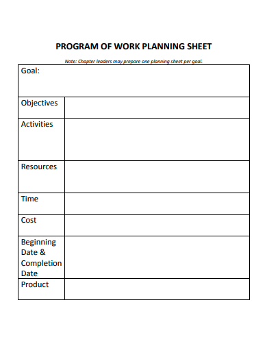 program of work planning sheet template