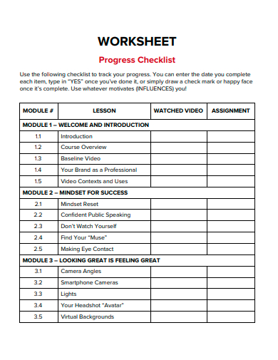 progress checklist worksheet template