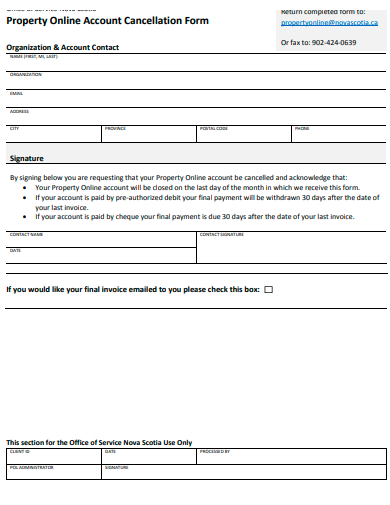 property online account cancellation form template