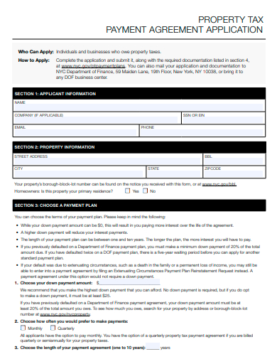 property tax payment agreement application template