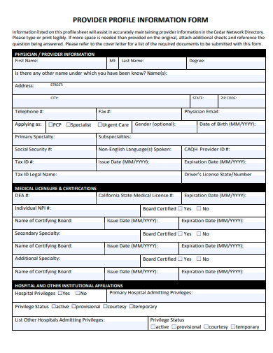 provider profile information form template