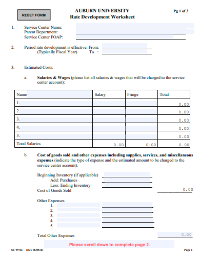 rate development worksheet form template