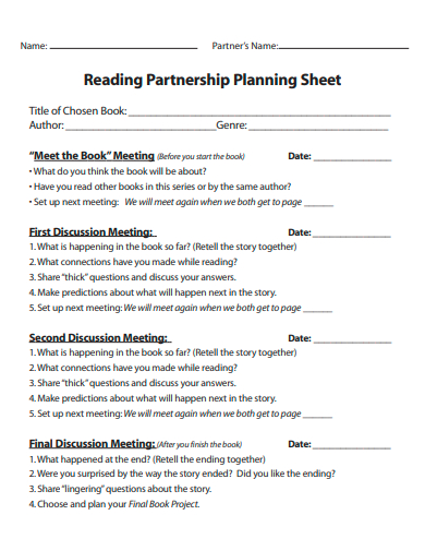 reading partnership planning sheet template