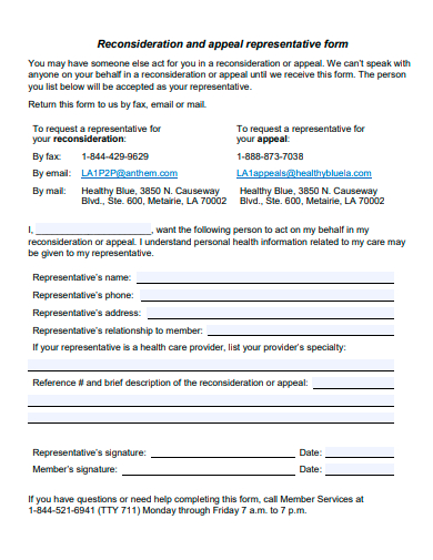 reconsideration and appeal representative form template