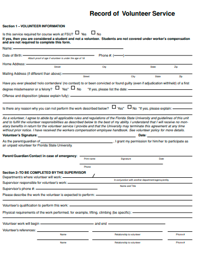 record of volunteer service form template