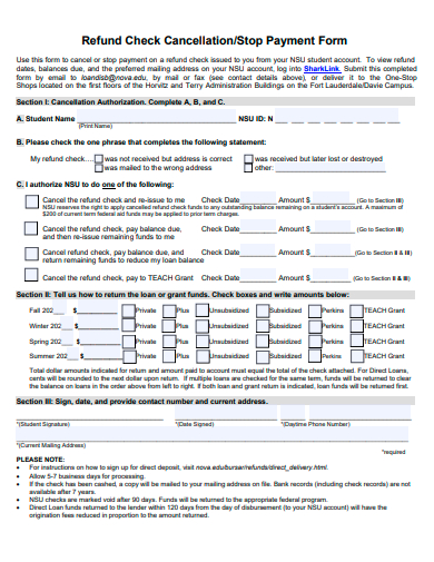 refund check cancellation stop payment form template