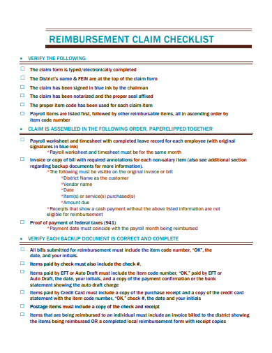 reimbursement claim checklist template